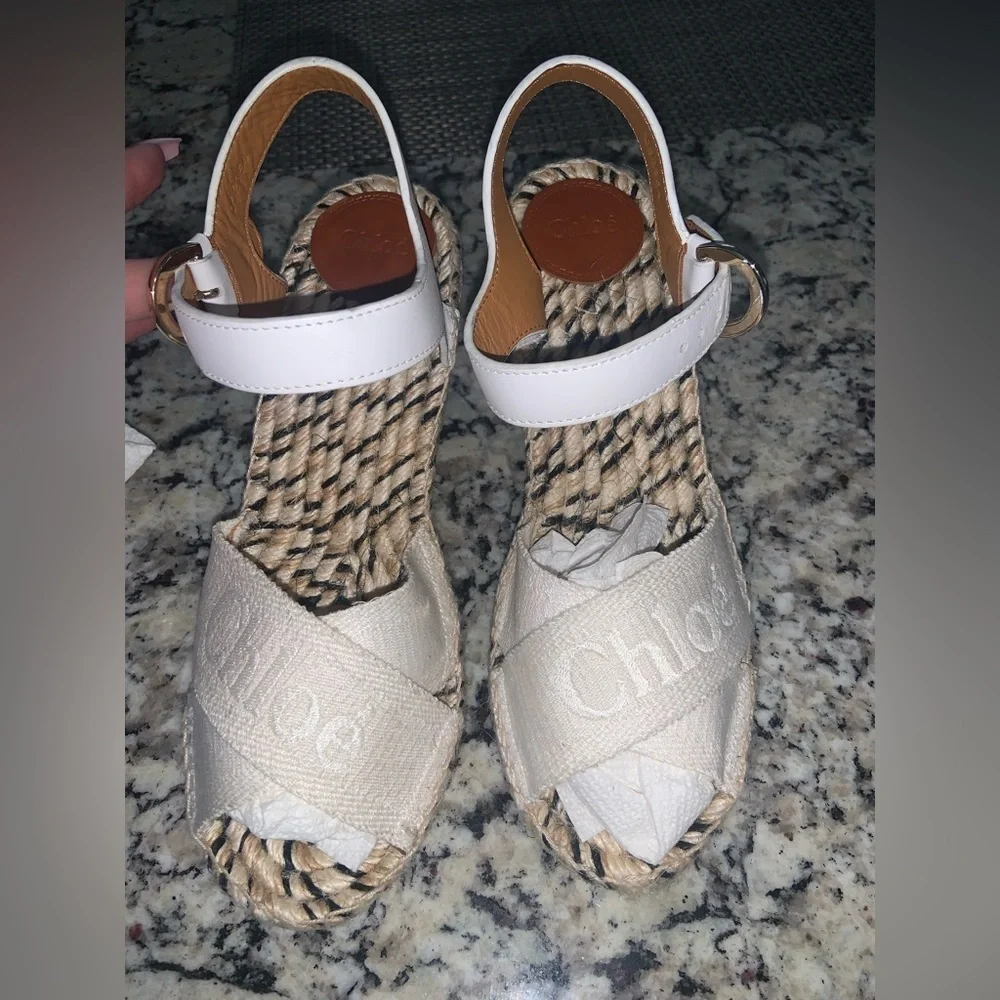 CHLOE Pila leather and canvas wedge espadrilles white / cream logo resort nwot